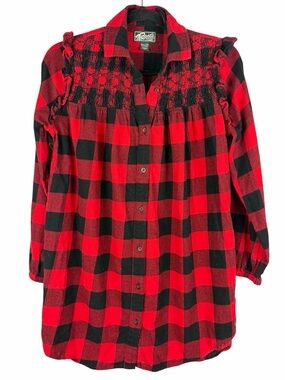 Roots Park Plaid Buffalo Check Ruffle Tunic Shirt XXL 100% Cotton